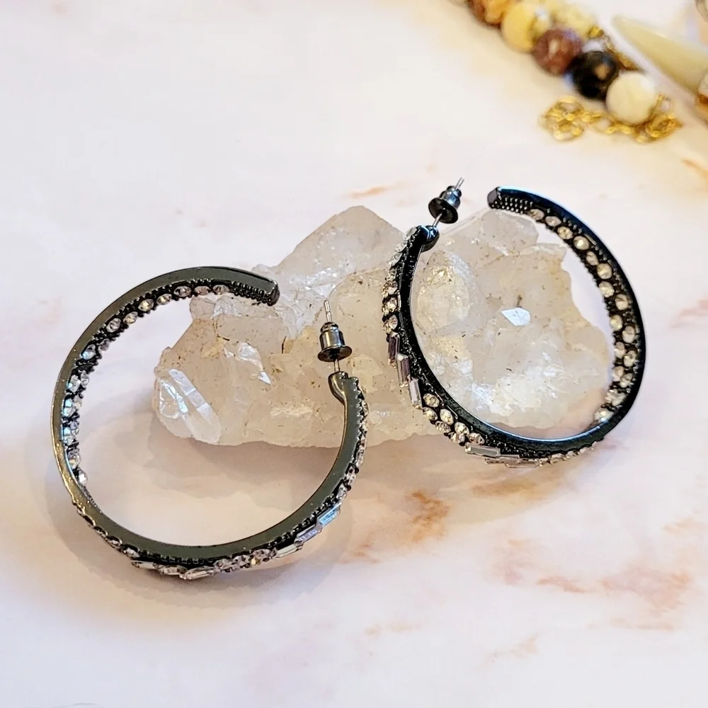 NWT Gunmetal Baguette Rhinestone Inside Outside Hoop Earrings